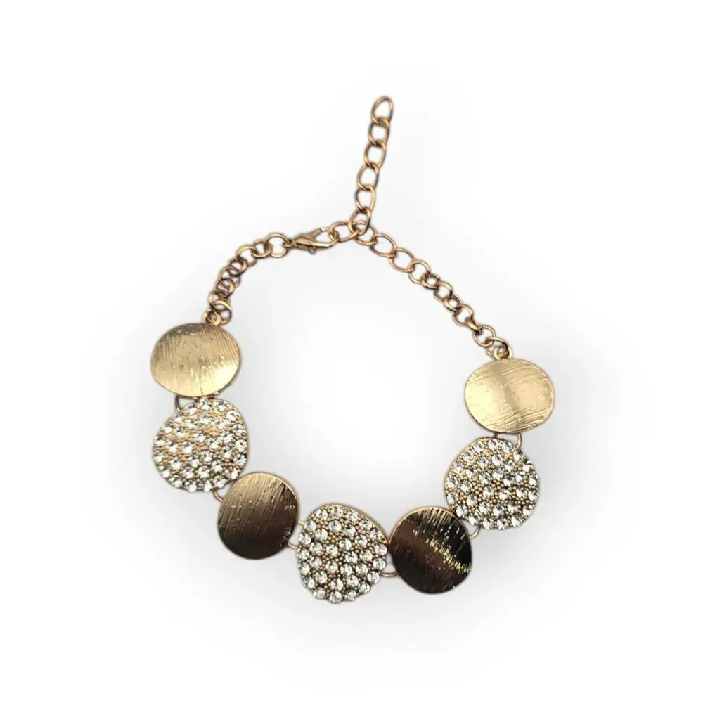 Gold Disc Bracelet with Pavé Rhinestone Stations – Textured Modern Chic